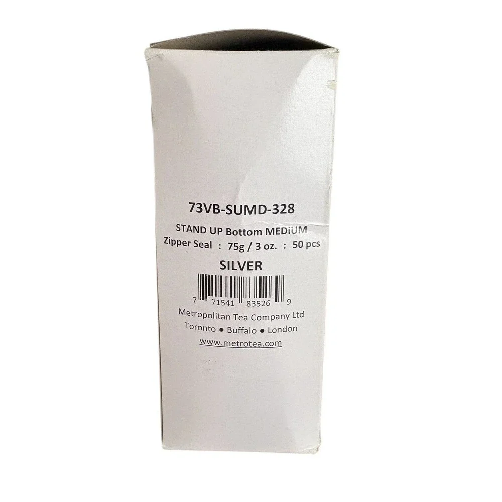 Metropolitan Stand-Up Bag Loose Tea Pouches Resealable  3 Oz 50 Pack Silver Foil